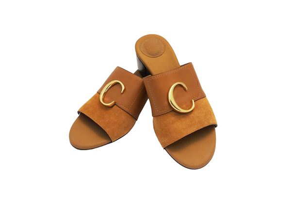 Cloé - Open mules in camel leather and suede