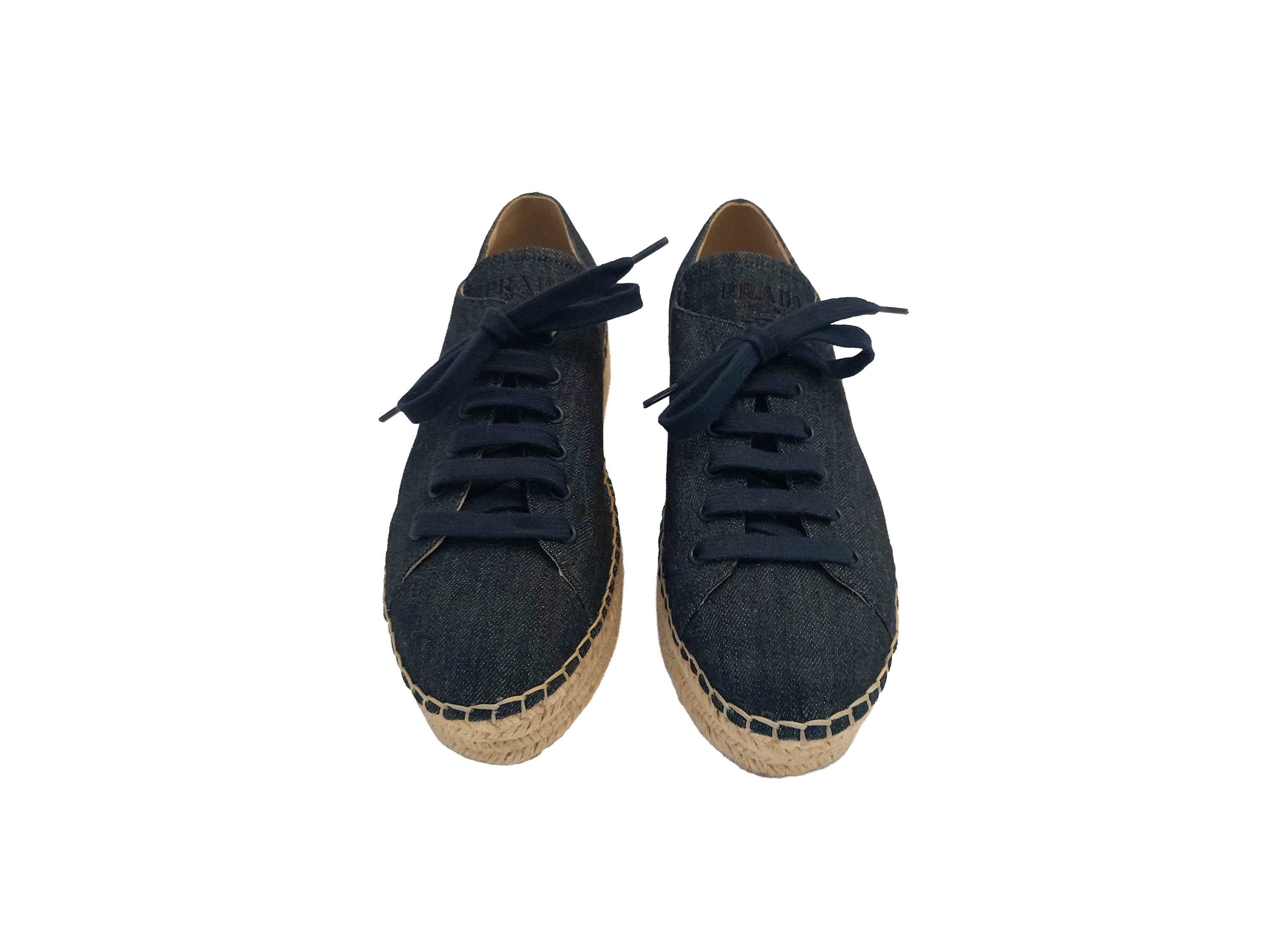 Prada, Espadrillas in denim stringate con platform in corda