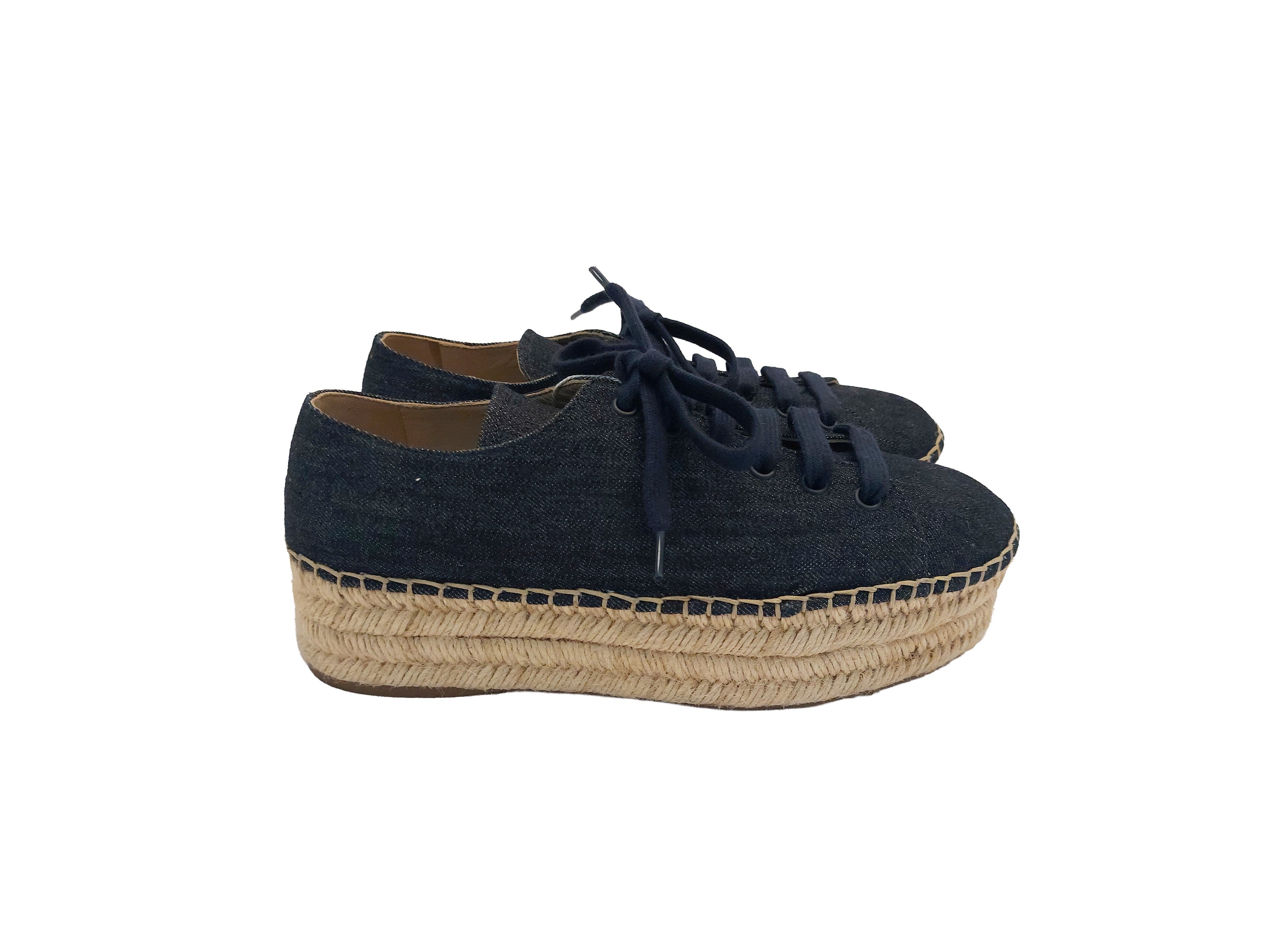 Prada, Espadrillas in denim stringate con platform in corda