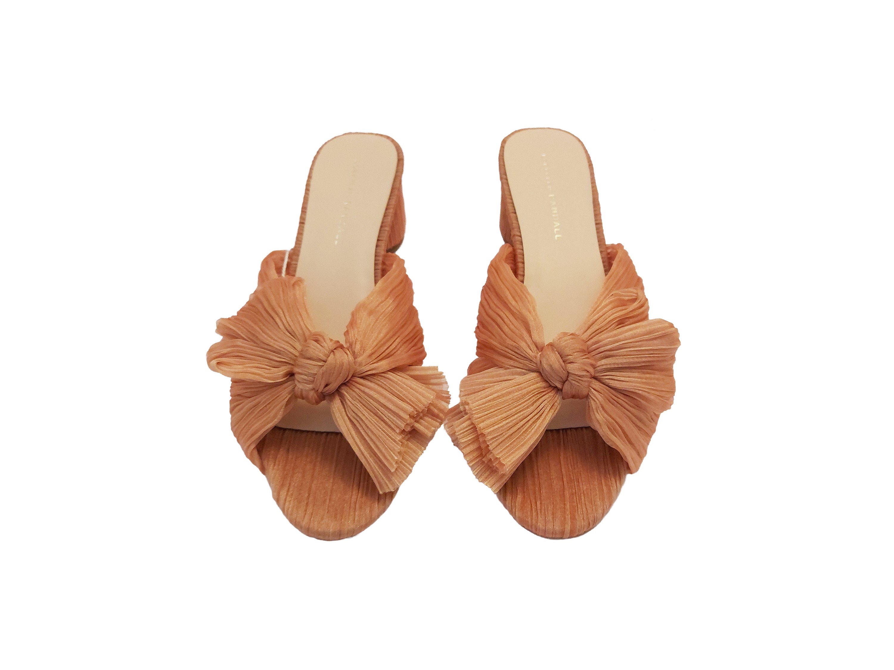 Loeffler Randall, Mules “Dahlia” in tessuto plissettato rosa salmone con fiocco