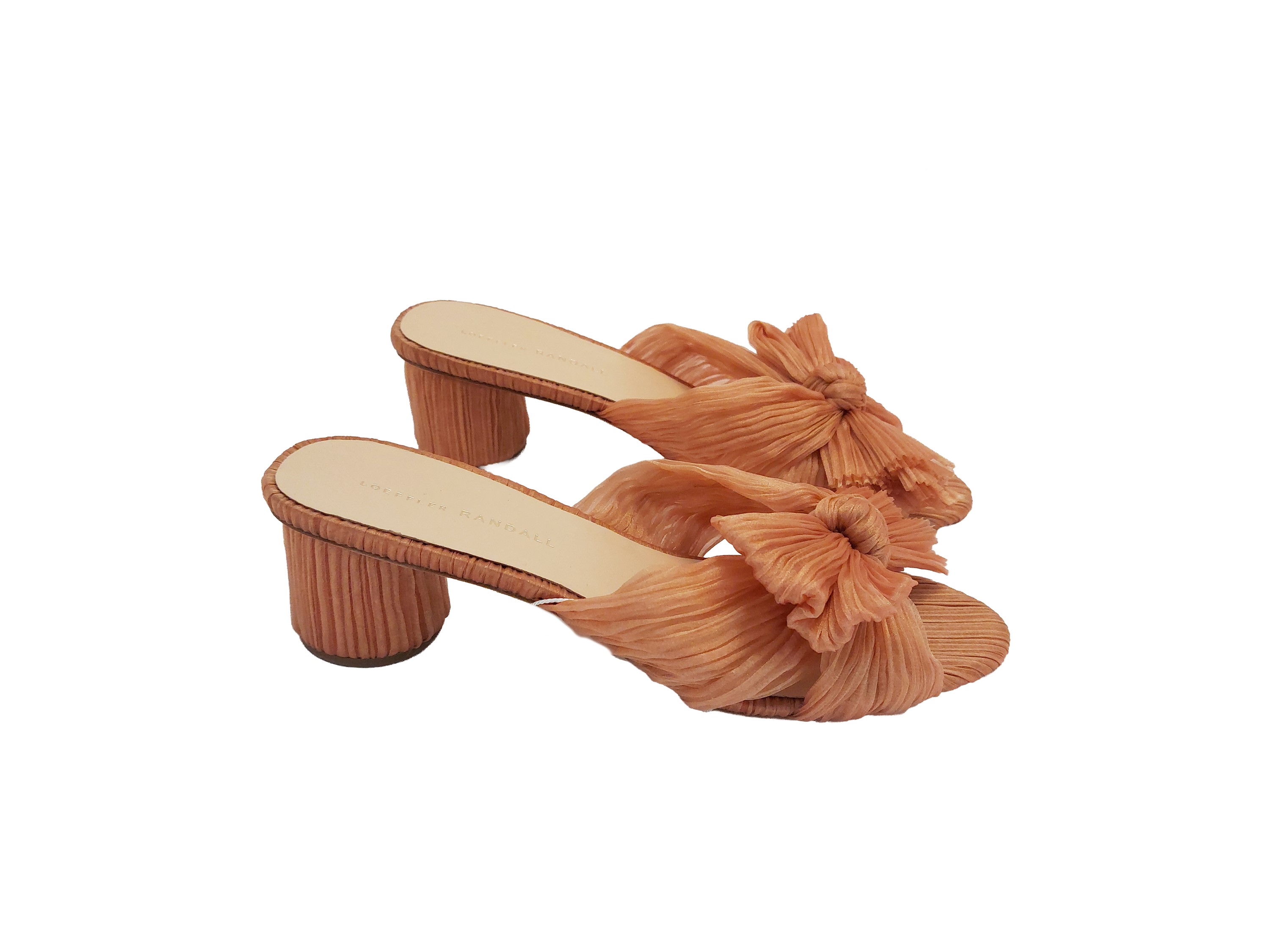Loeffler Randall, Mules “Dahlia” in tessuto plissettato rosa salmone con fiocco