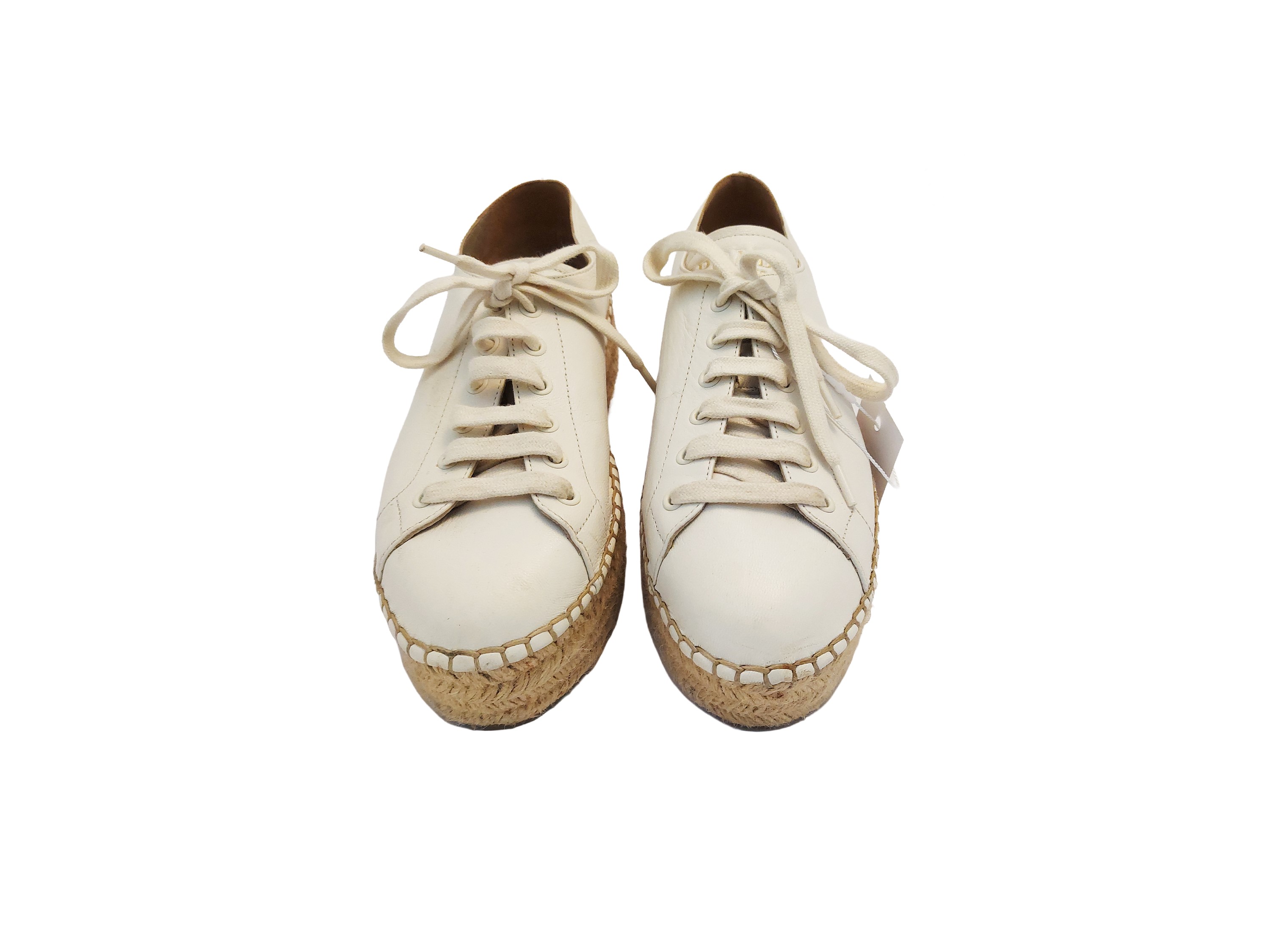 Prada, Espadrillas stringate in pelle bianca con platform in corda