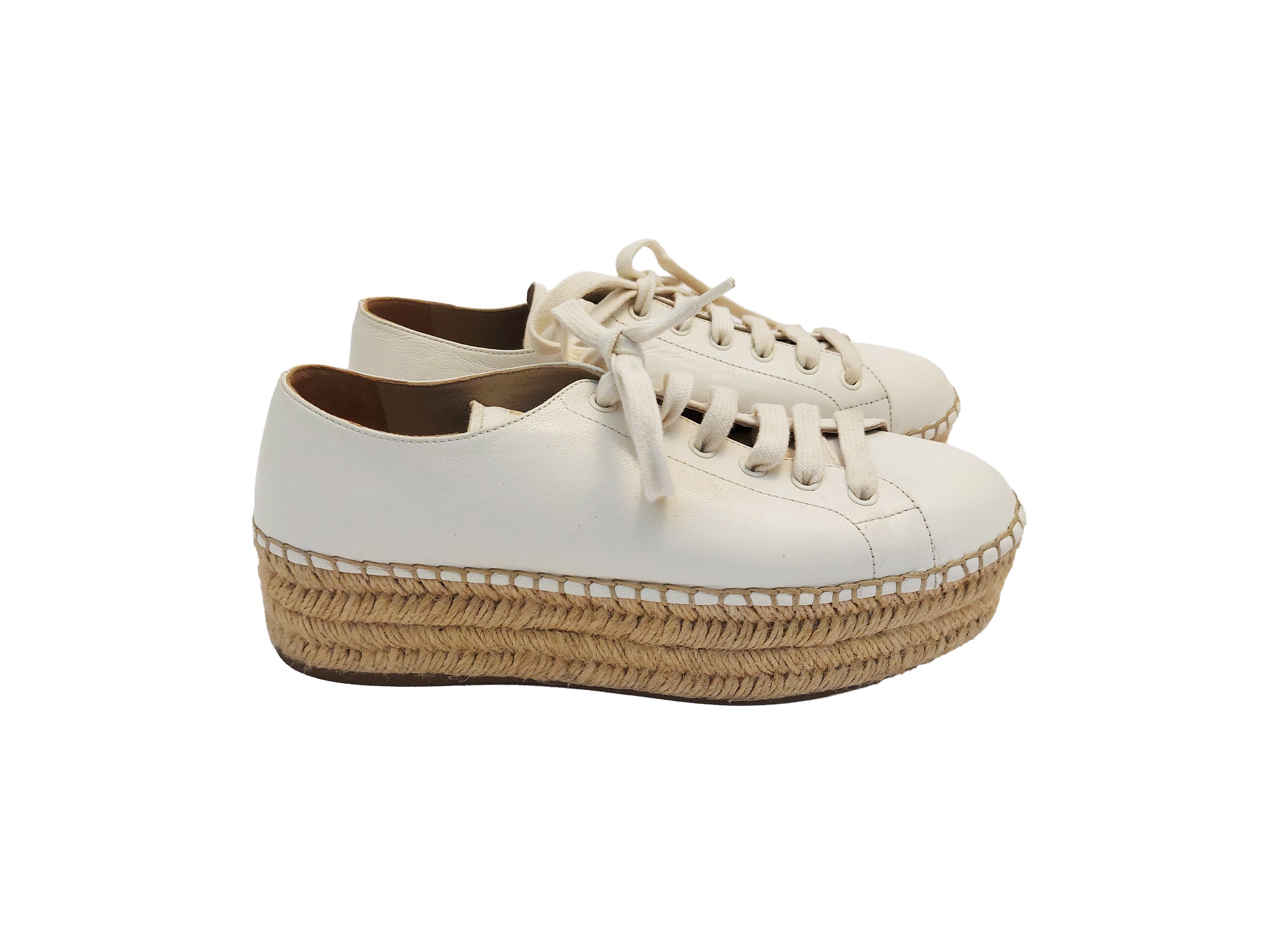 Prada, Espadrillas stringate in pelle bianca con platform in corda