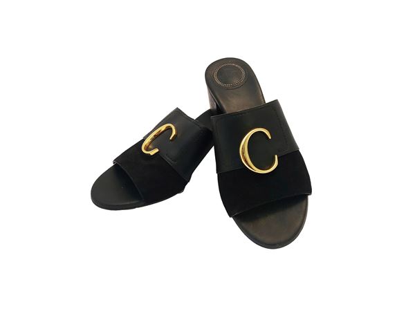 Cloé - Mules aperti in pelle e suede nero