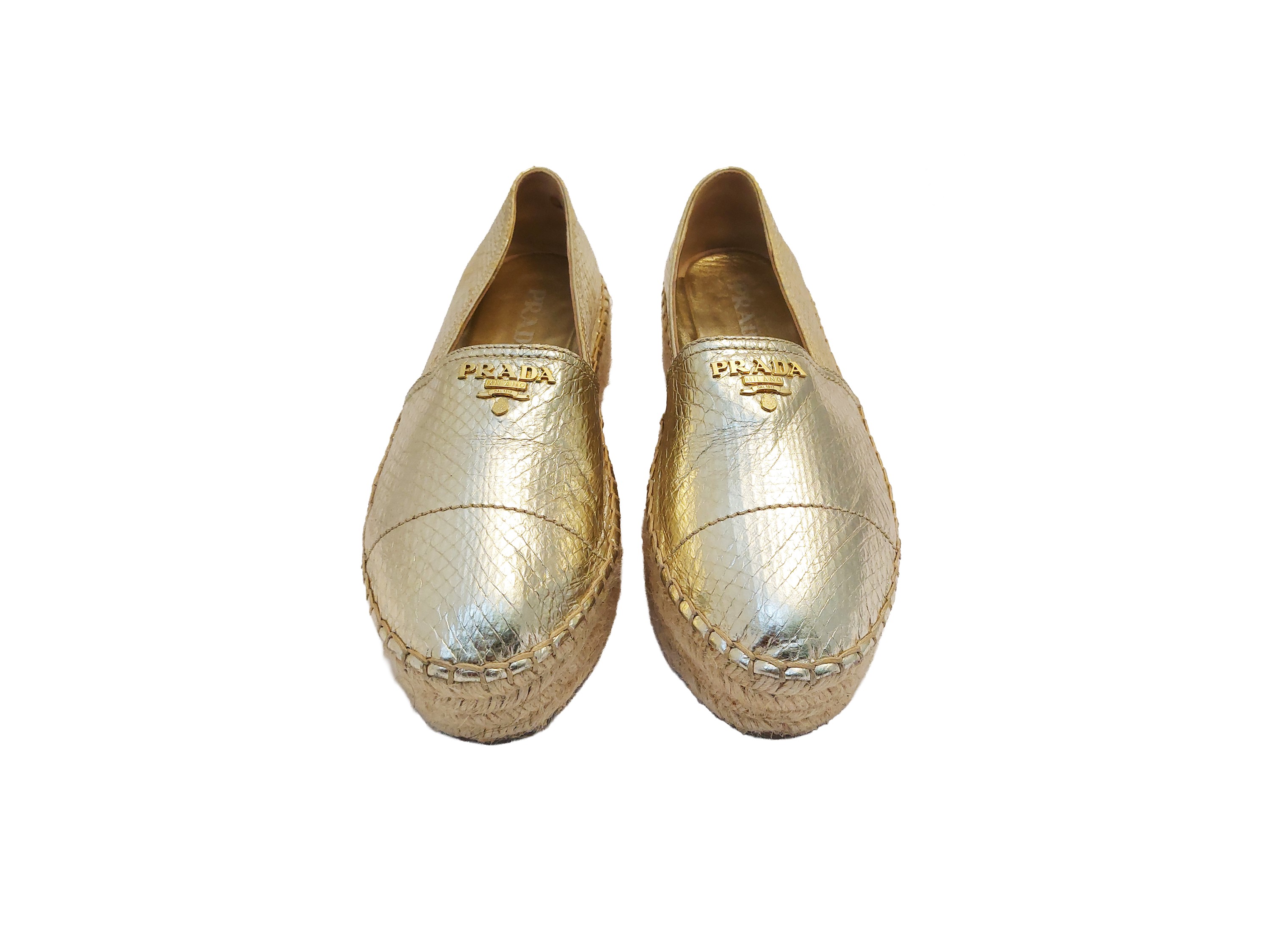 Prada, Espadrillas in pelle metallizzata effetto pitonato con platform in corda