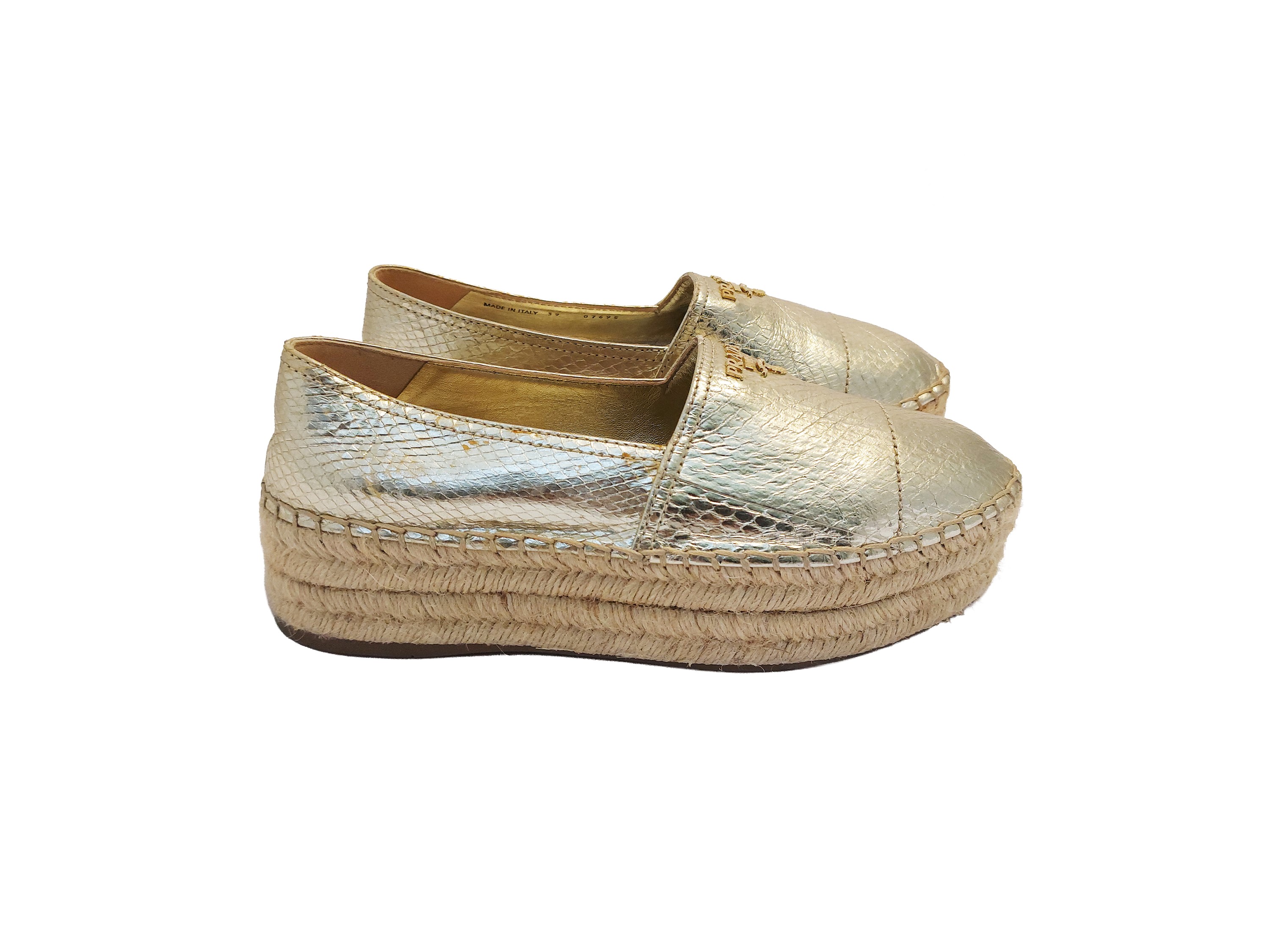 Prada, Espadrillas in pelle metallizzata effetto pitonato con platform in corda