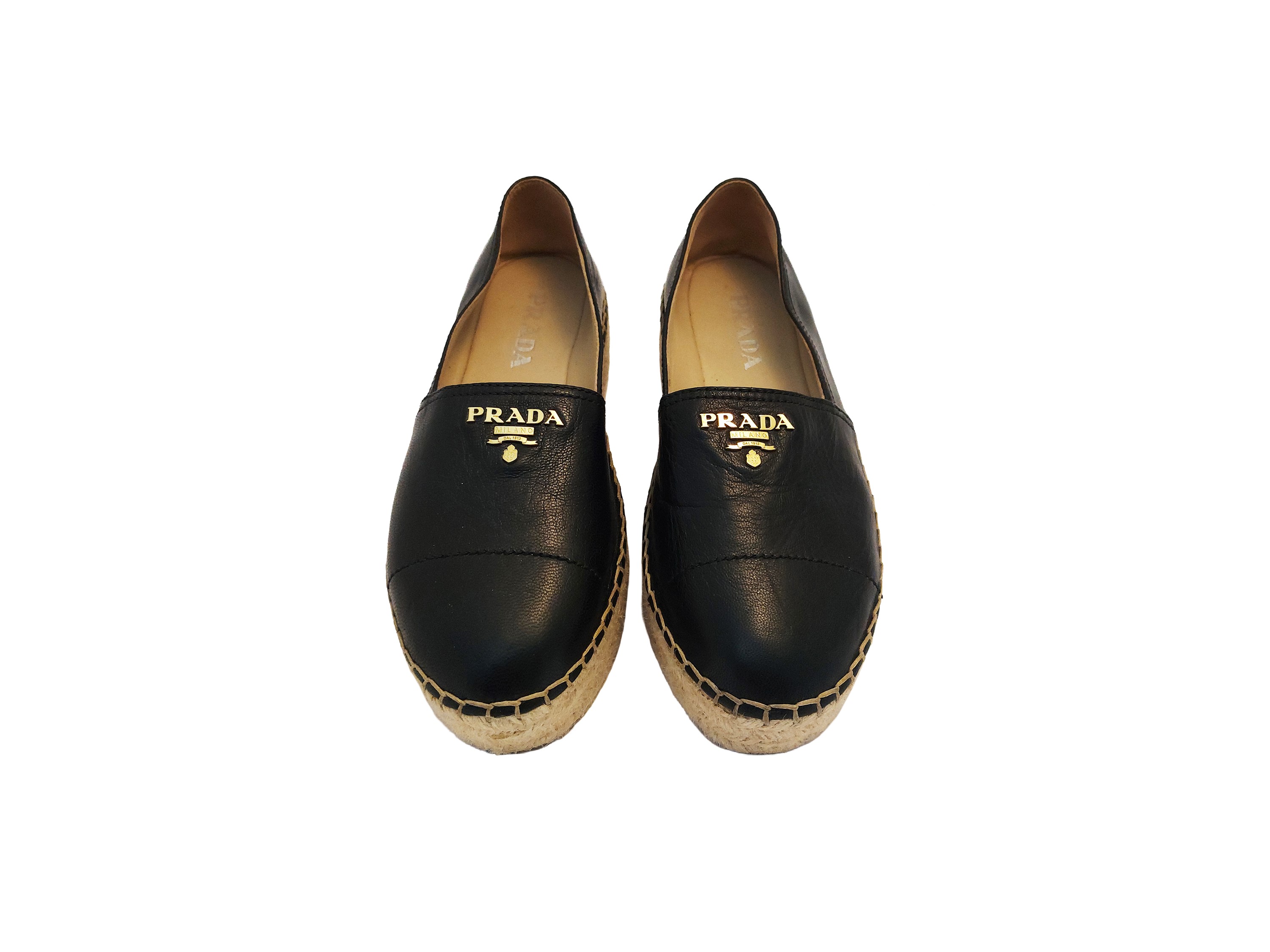 Prada, Espadrillas in pelle nera con zeppa piatta e platform in corda