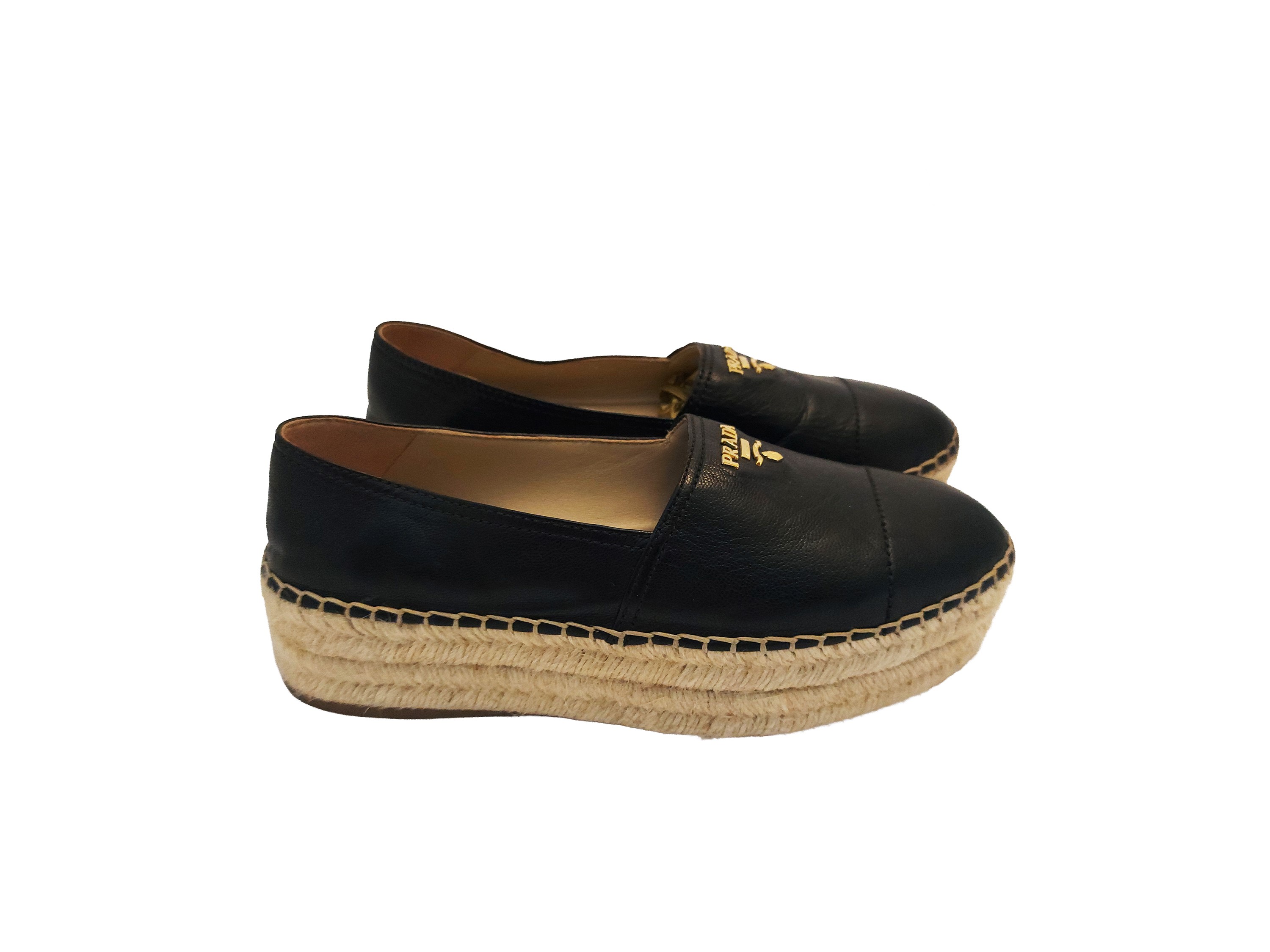 Prada, Espadrillas in pelle nera con zeppa piatta e platform in corda