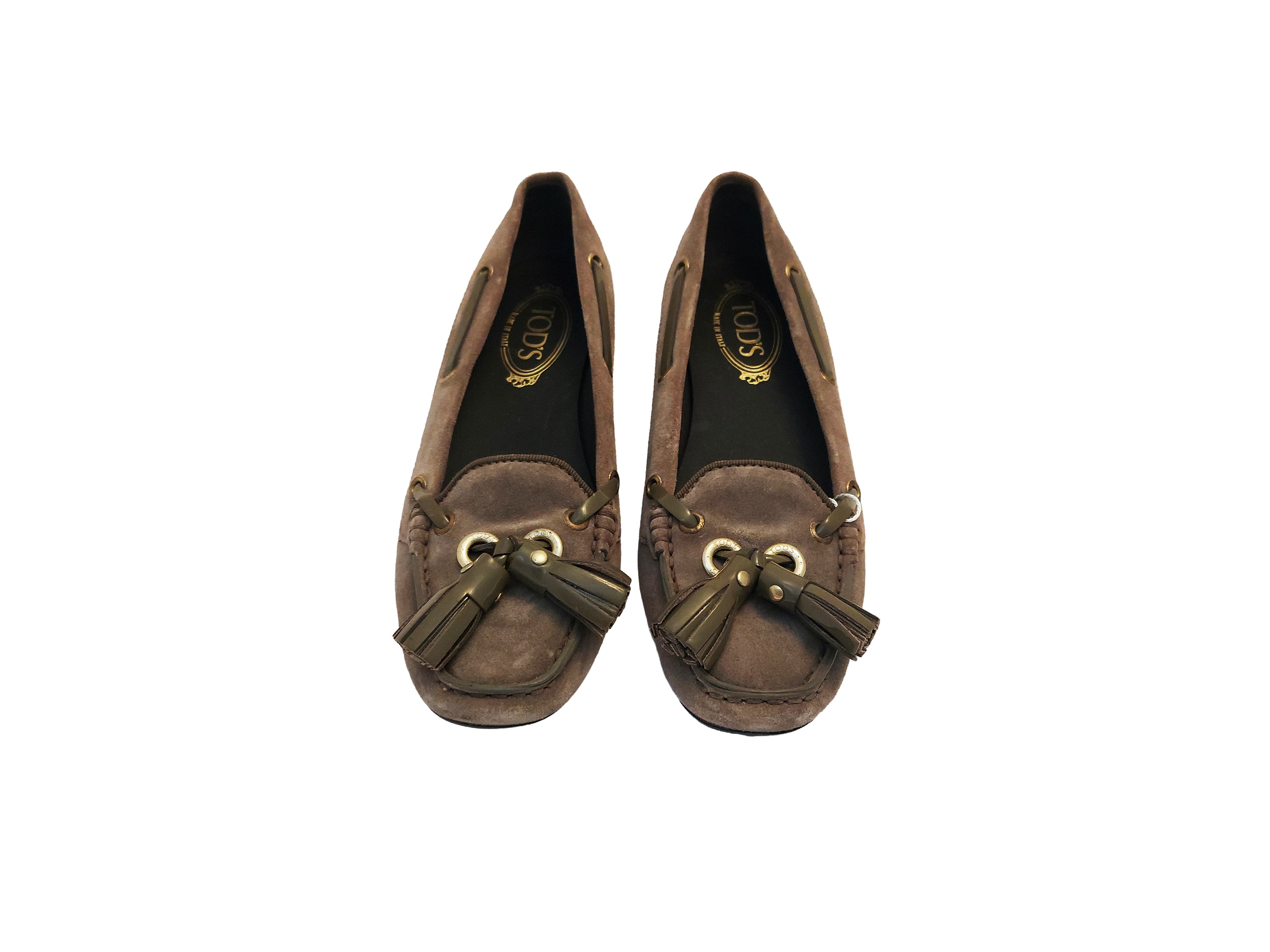 Tod's, Mocassini in suede grigio tortora con nappine