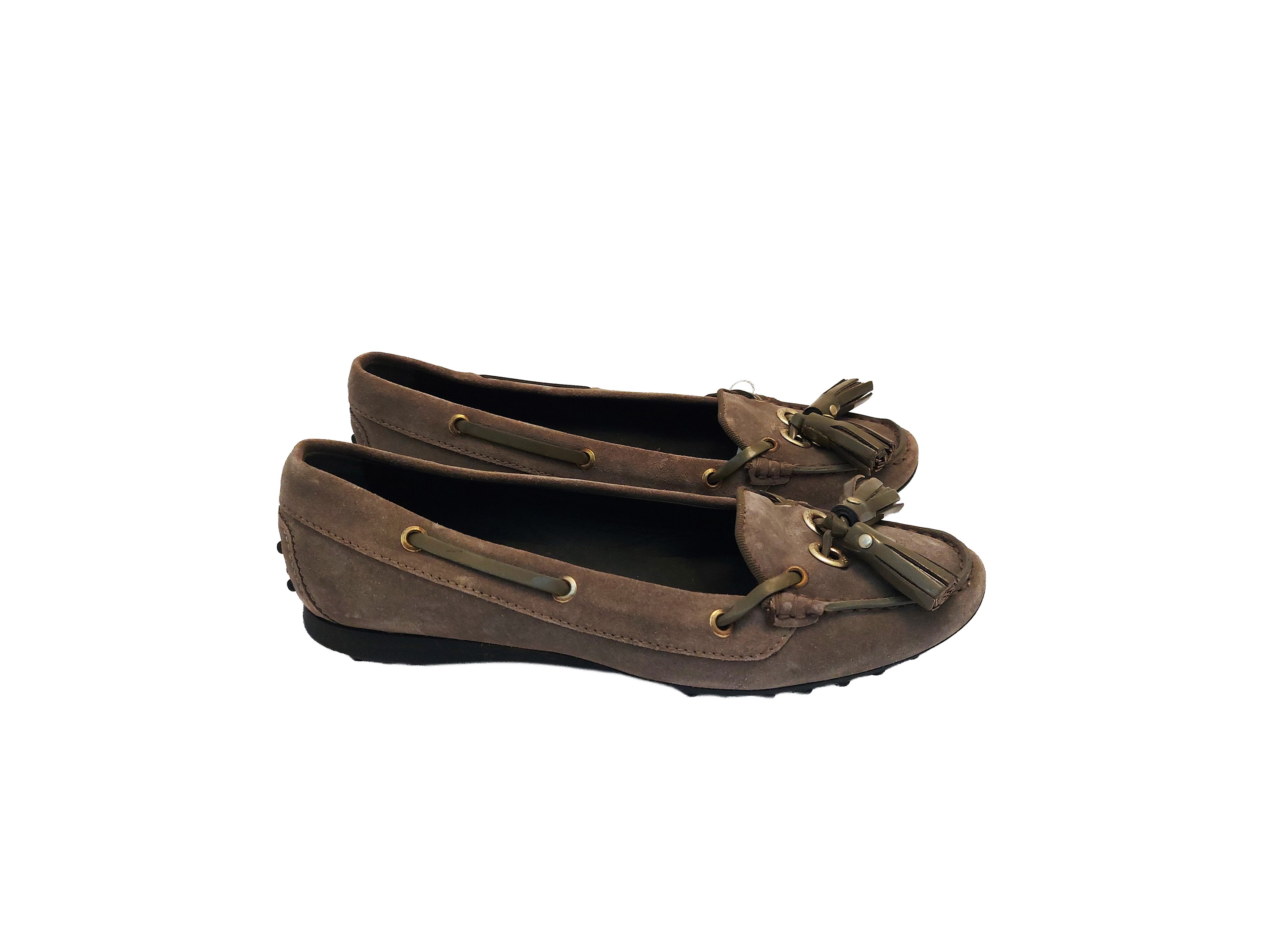 Tod's, Mocassini in suede grigio tortora con nappine