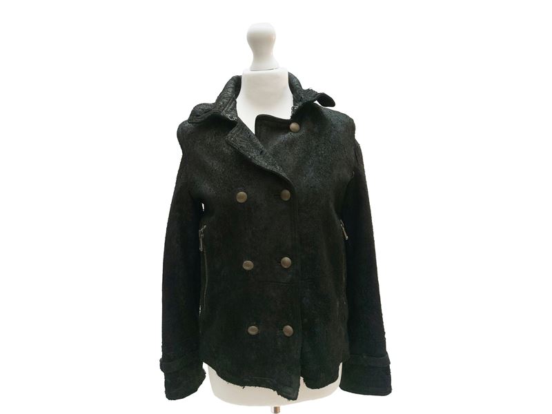 Giubbotto in pelle nera invecchiata, chiusura asimmetrica e tasche con zip (taglia 42)
