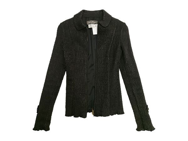 Salvatore Ferragamo - Black pleated leather jacket