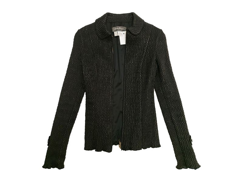 Salvatore Ferragamo - Giacca in Pelle Arricciata Nera