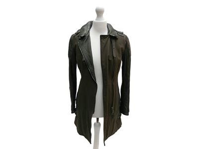 Giaccone in denim verde militare e pelle nera, stile biker, taglia 40