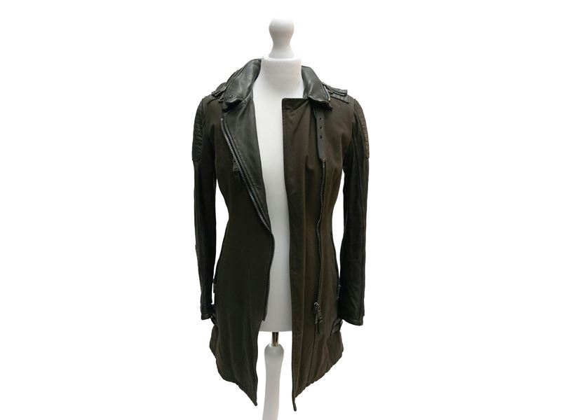 Empresa - Giaccone in Denim Verde Militare e Pelle Nera