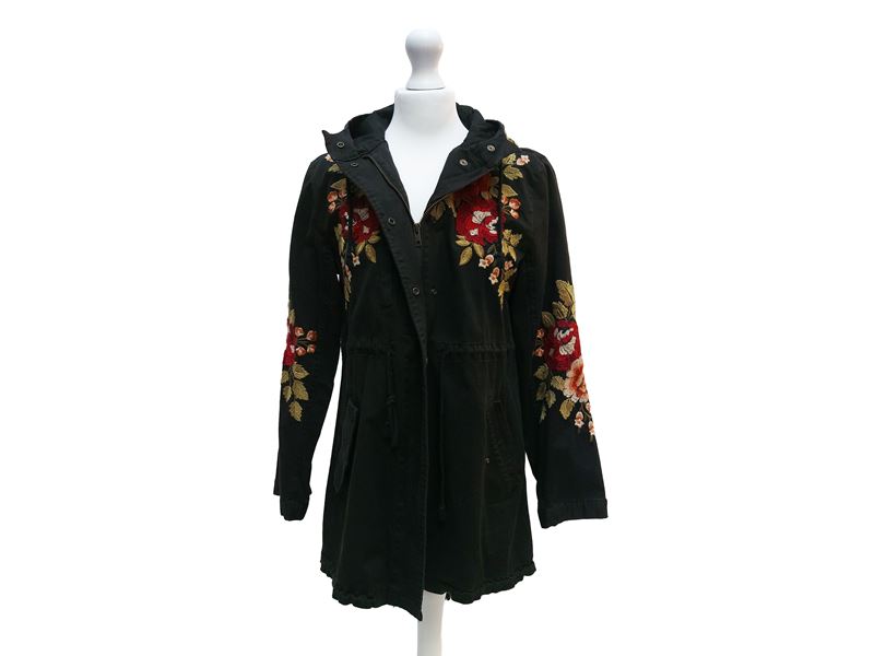 Johnny Was, Parka in cotone nero con ricami floreali