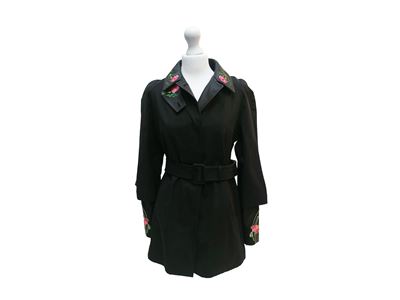 Christopher Kane, Trench corto in cotone nero (tg 44) con finiture in pelle e ricami floreali