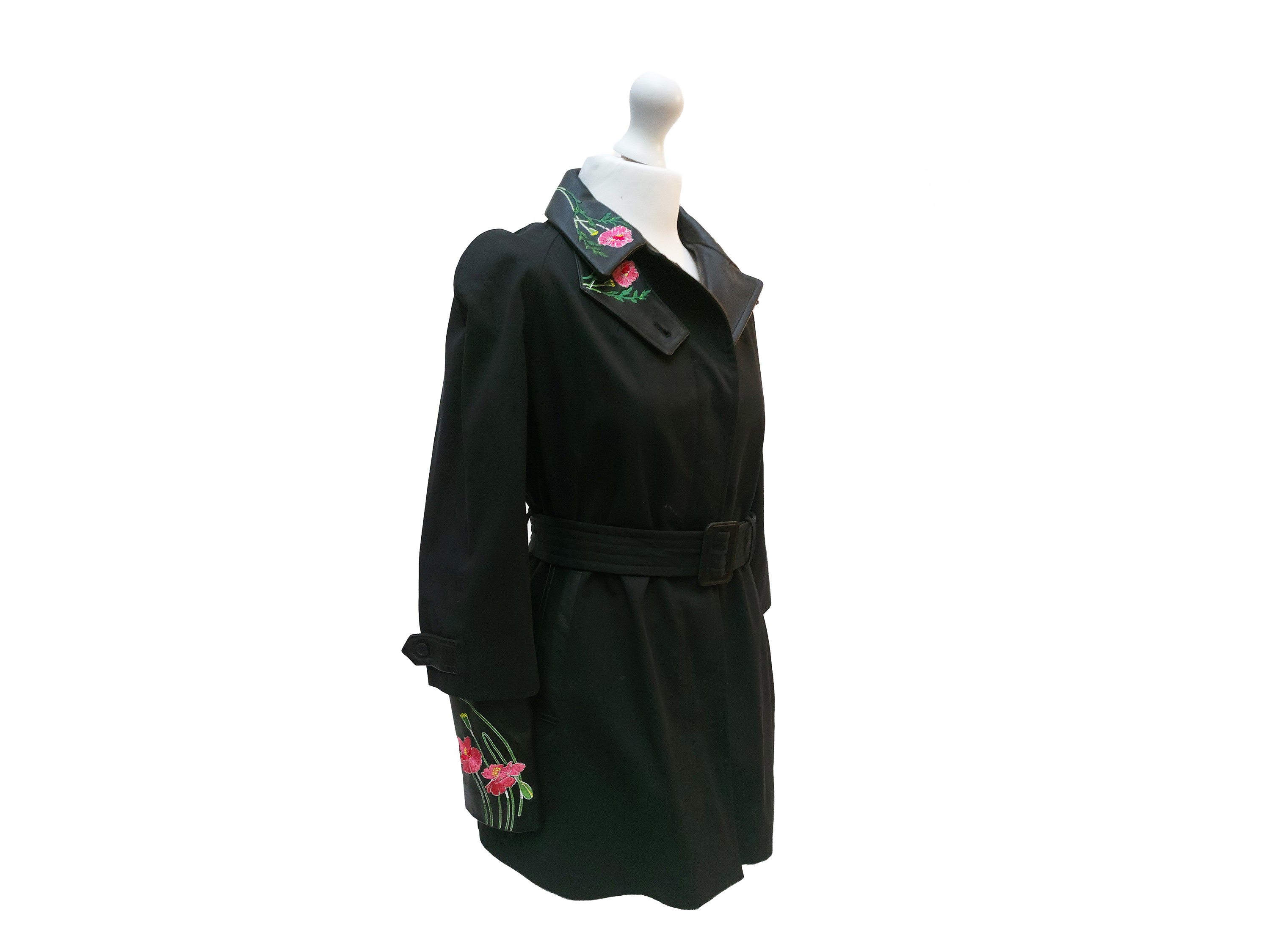 Christopher Kane, Trench corto in cotone nero (tg 44) con finiture in pelle e ricami floreali