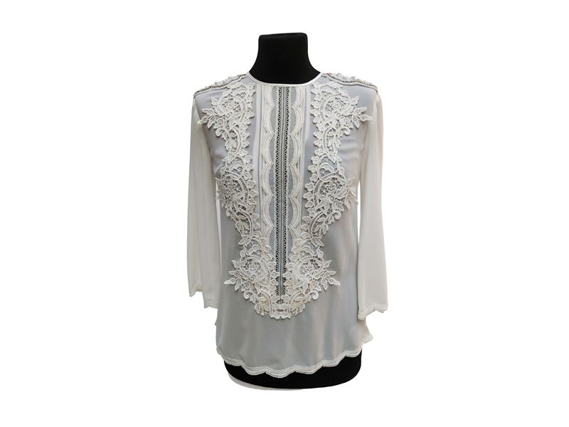 Elisabetta Franchi, Camicia bianca decorata con perle simulate e pizzo