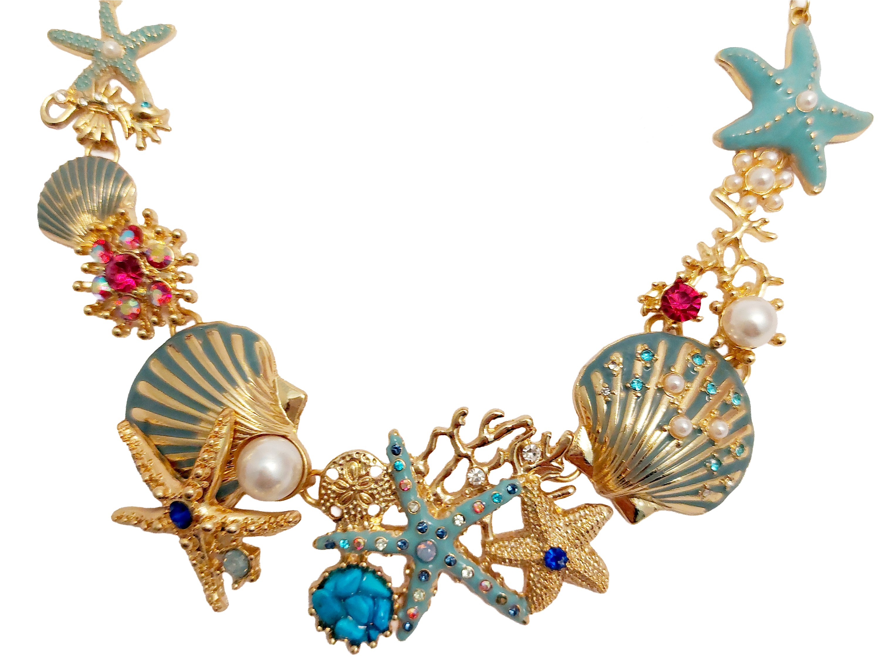 Collana in metallo dorato con conchiglie e stelle marine in smalto e strass