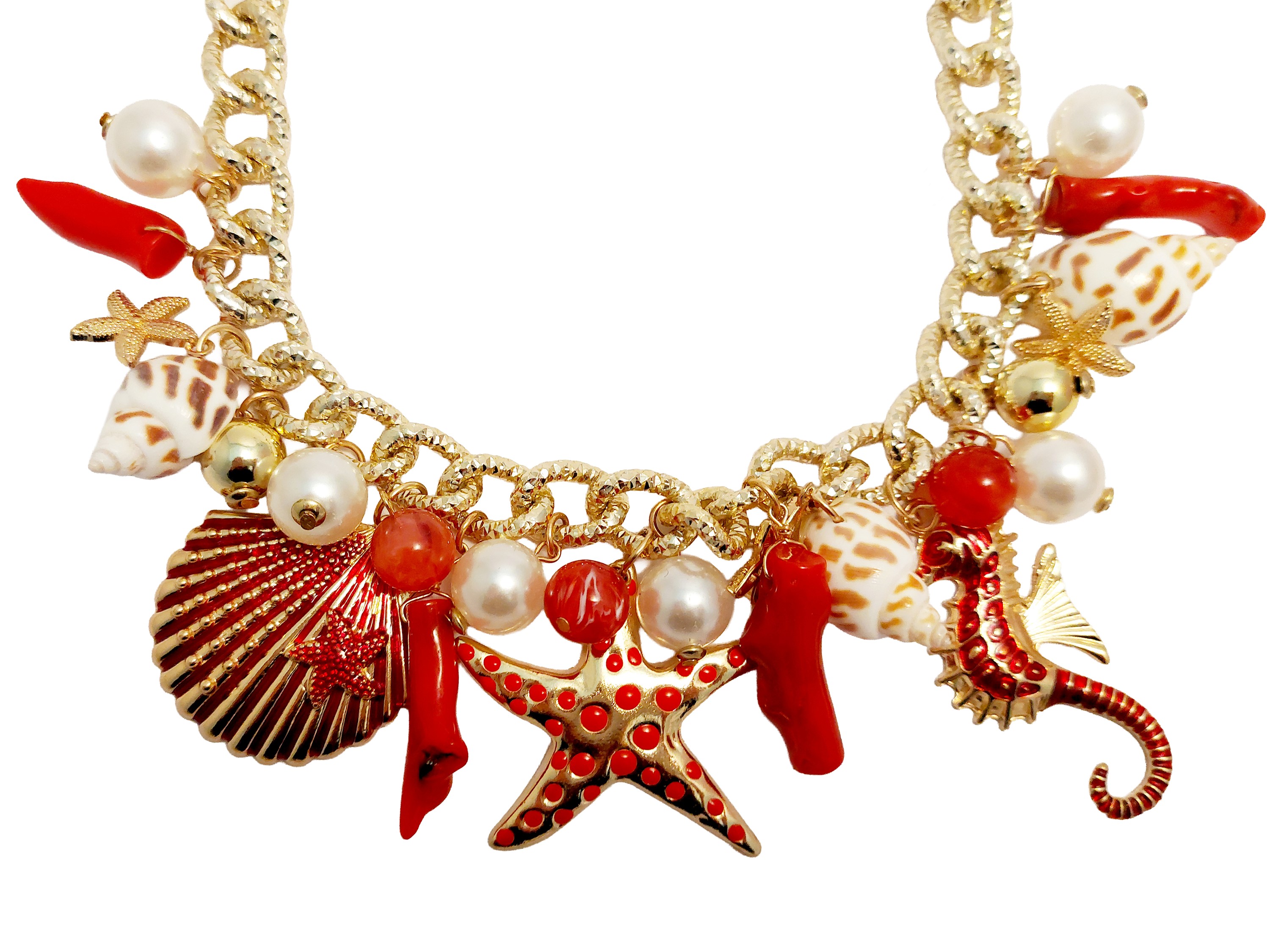 Collana a tema marino, metallo golden tone con pendenti a conchiglie e perle simulate