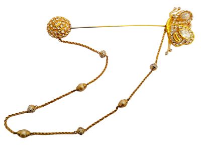 Spilla tipo chatelaine in metallo golden tone con strass, motivo a farfalla