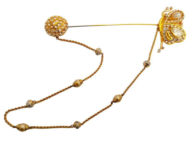 Spilla tipo chatelaine in metallo golden tone con strass, motivo a farfalla