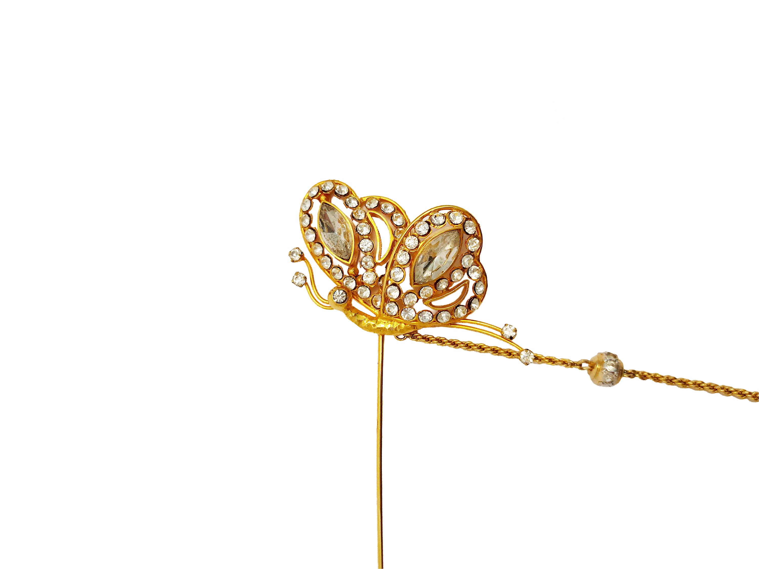 Spilla tipo chatelaine in metallo golden tone con strass, motivo a farfalla