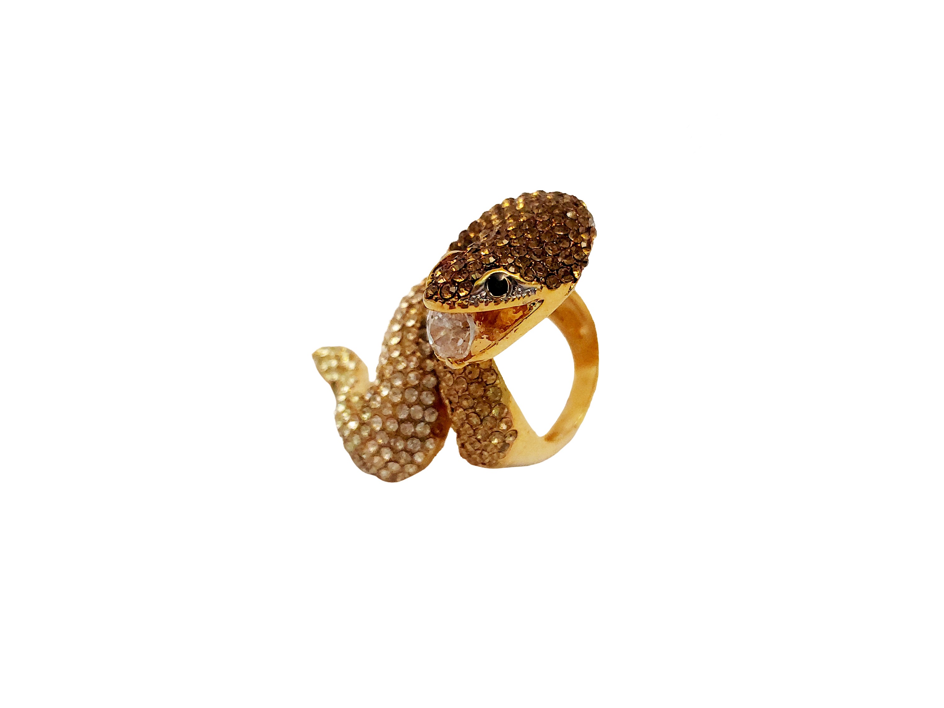 Anello animalier a forma di cobra, metallo golden tone e strass