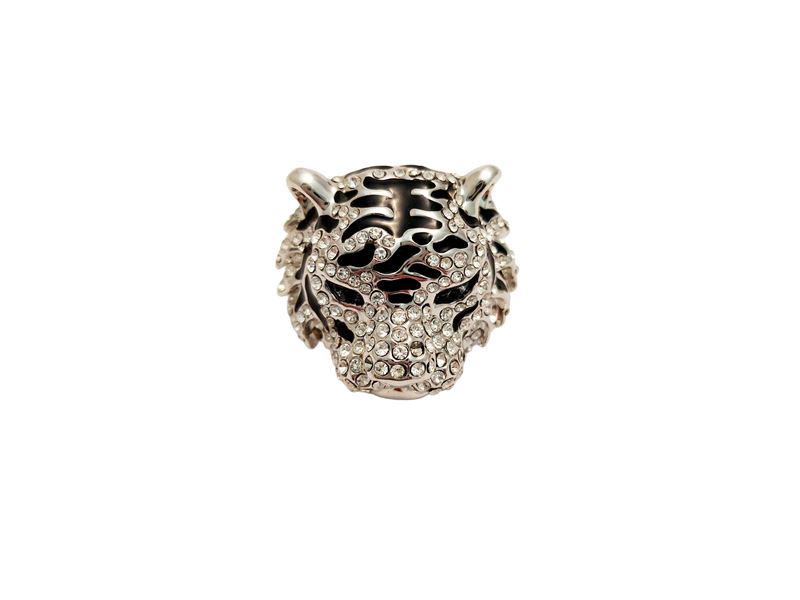 Anello animalier, testa di tigre in metallo silver tone e strass