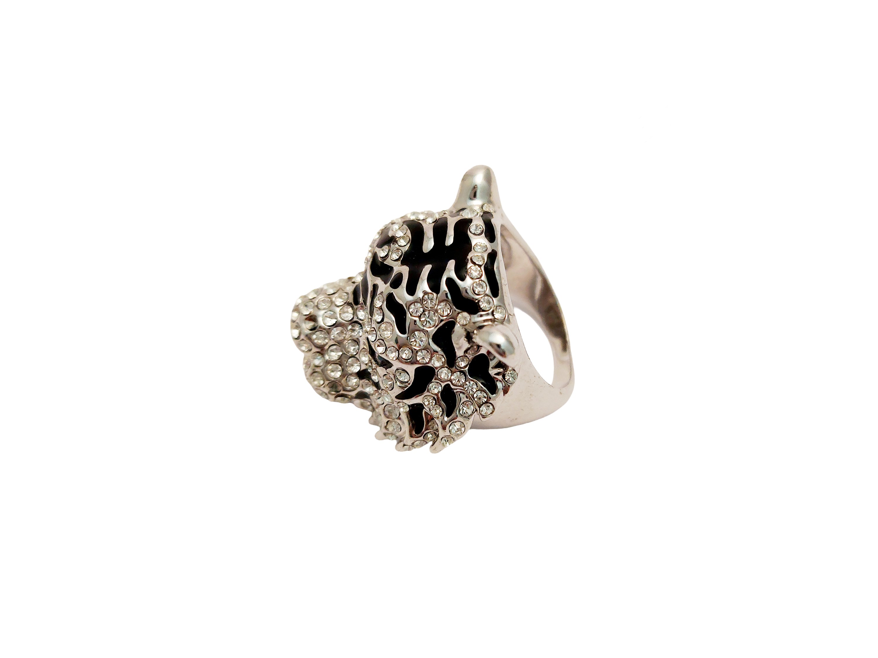 Anello animalier, testa di tigre in metallo silver tone e strass