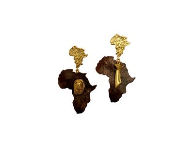 Orecchini etnici, Africa in legno e metallo golden tone con teste di leone e di giraffa