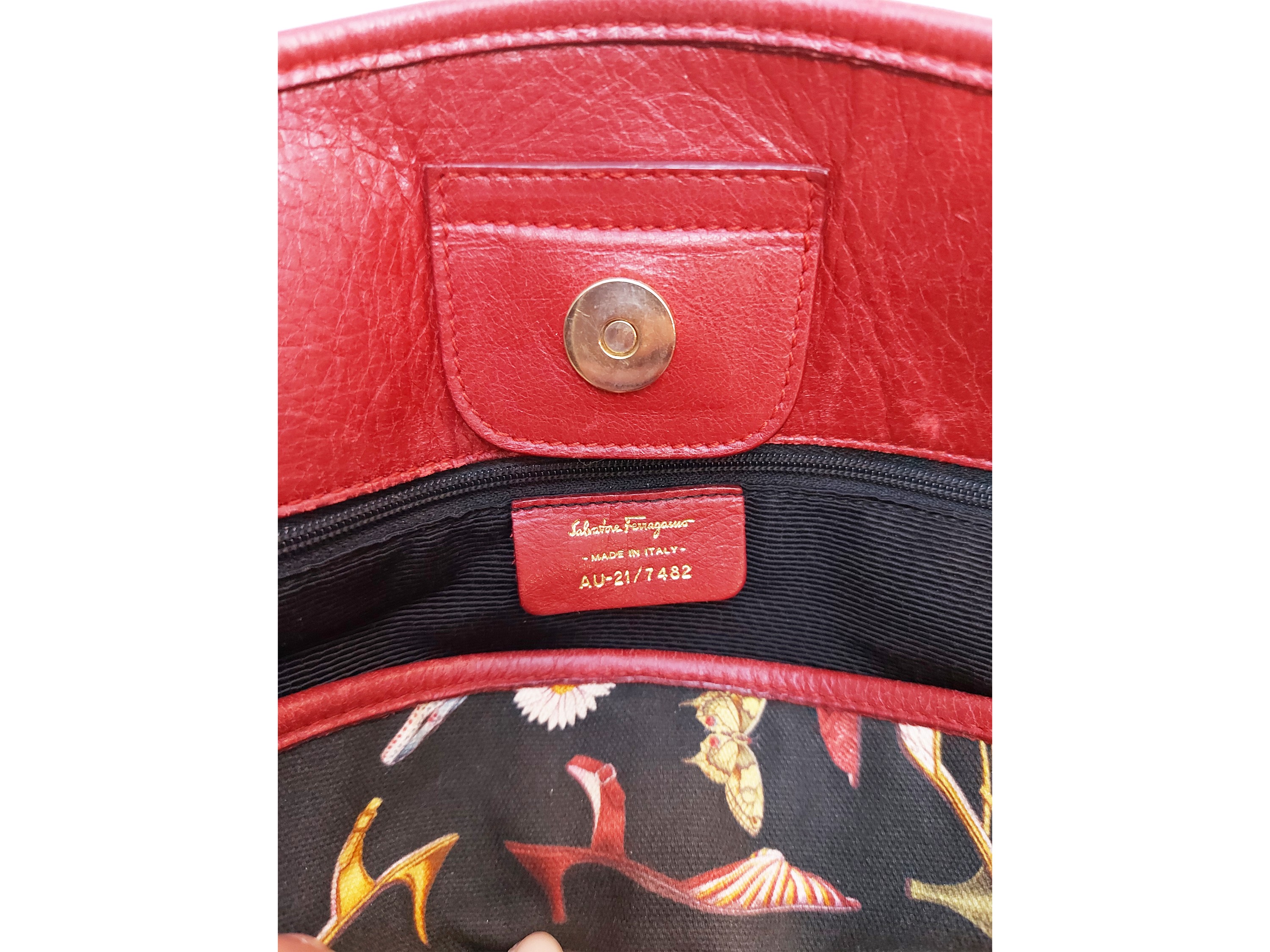 Ferragamo, Borsa a spalla in tela fantasia con finiture in pelle bordeaux