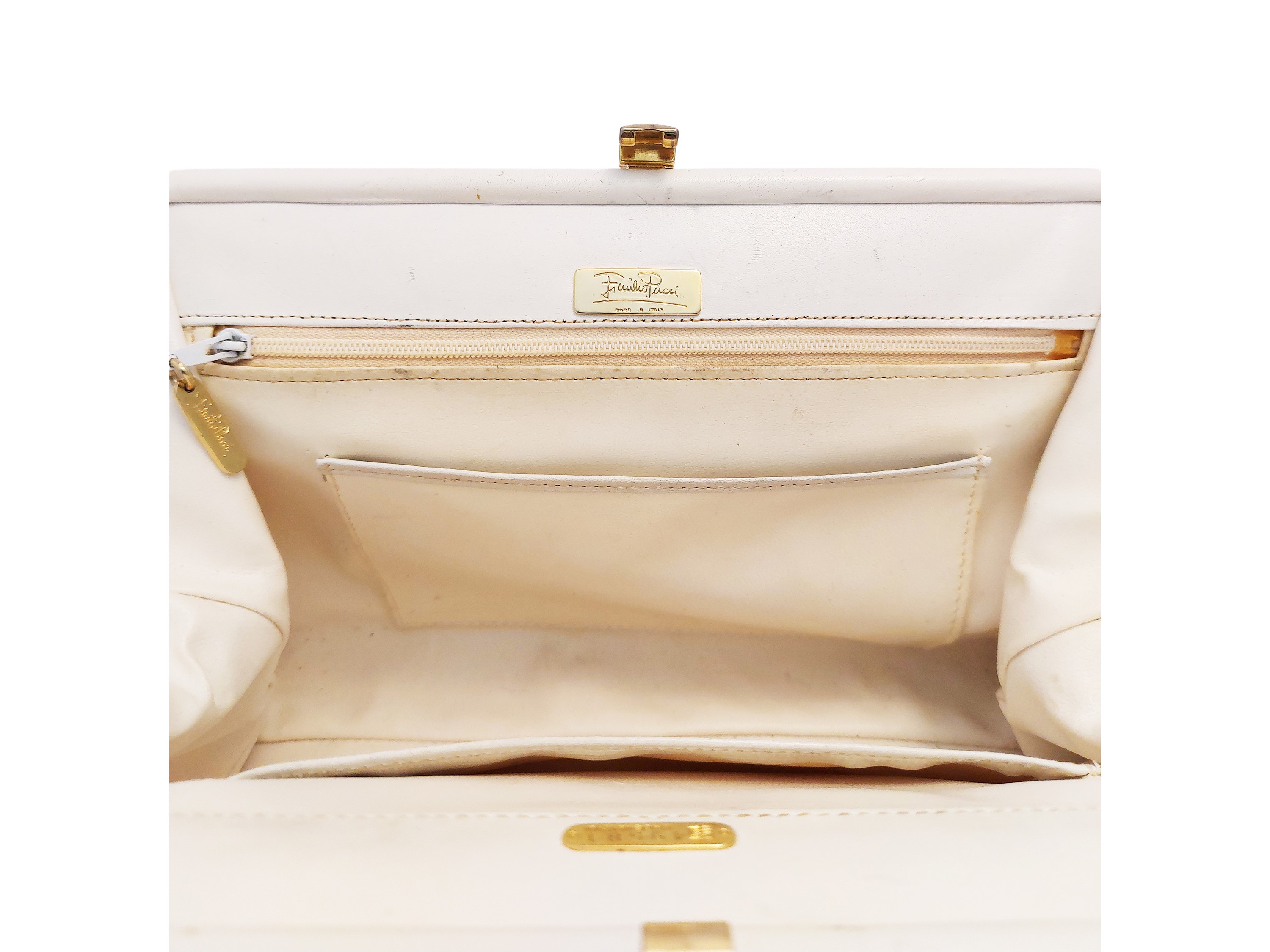 Emilio Pucci, Borsa a tracolla in tessuto panna con finiture in pelle bianca