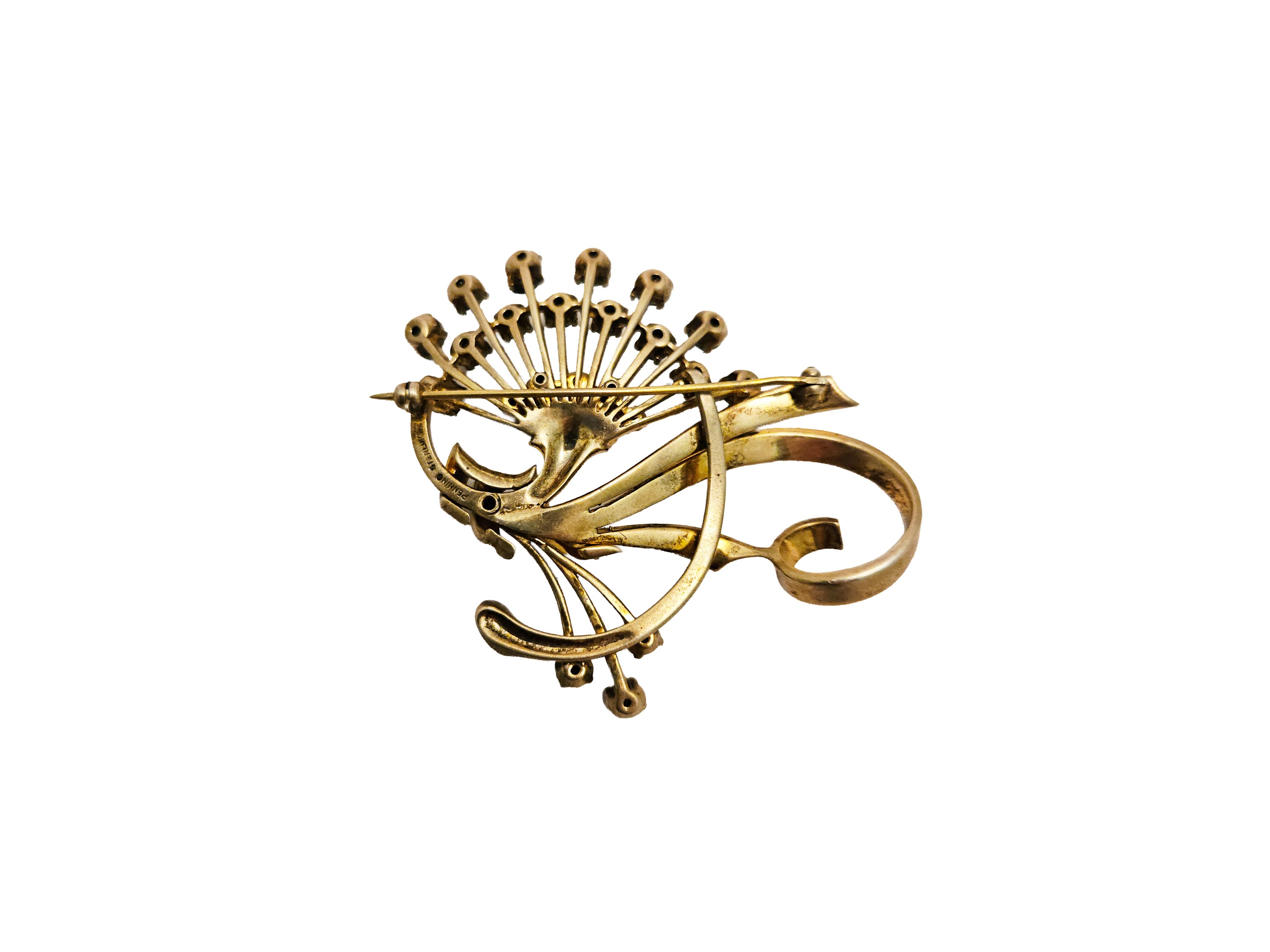 Pennino, Spilla in sterling dorato con strass color smeraldo