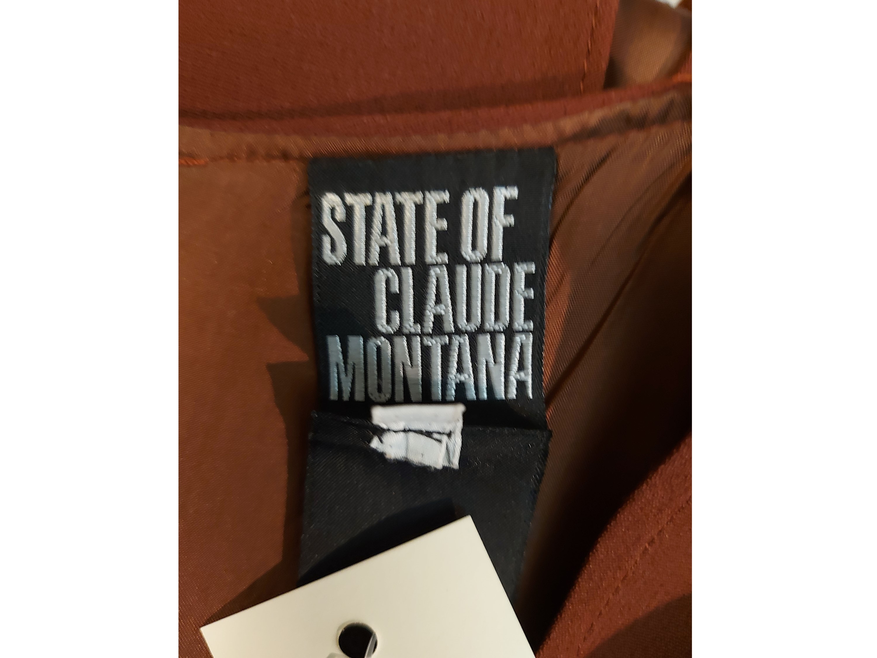 Claude Montana, Abito midi in seta marrone bruciato con smanicato a doppia spallina e spacco post...
