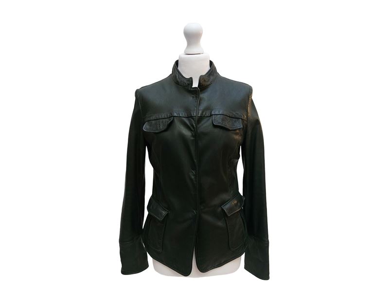 Emporio Armani, Giacca in pelle verde con tasche applicate e taschini con alette