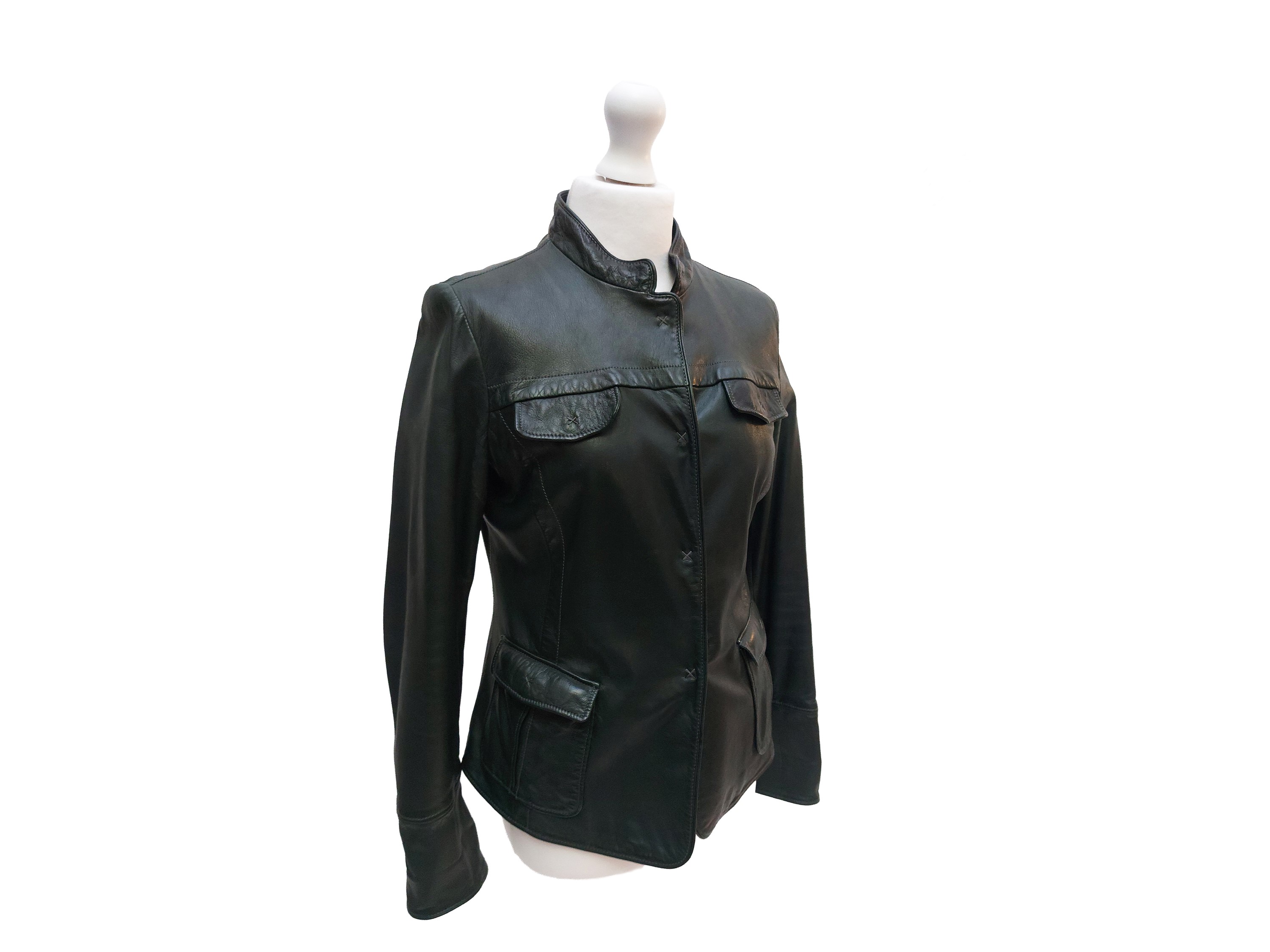 Emporio Armani, Giacca in pelle verde con tasche applicate e taschini con alette