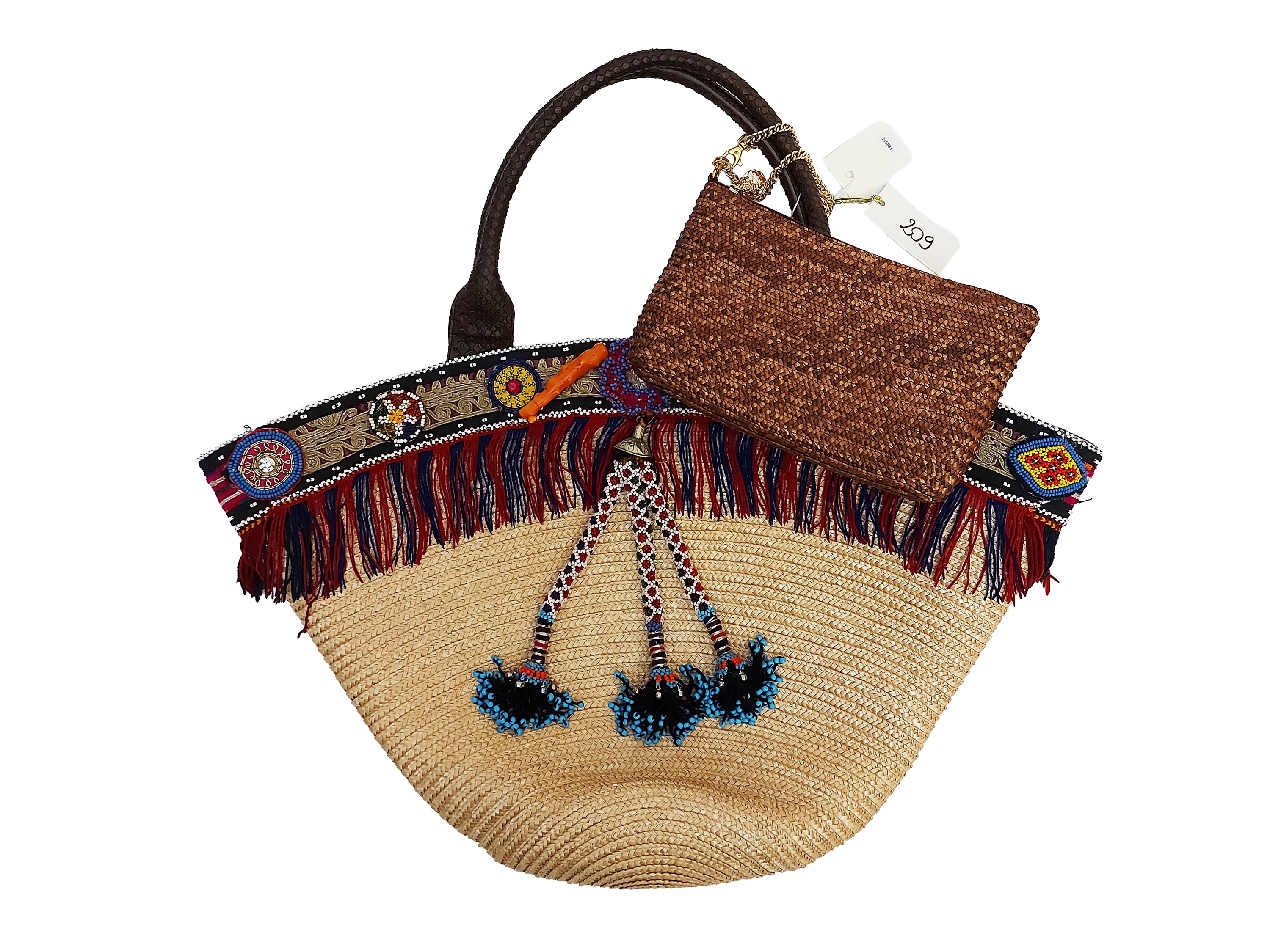 Roberta Balsamo, Grande borsa in paglia naturale con passamaneria e frange