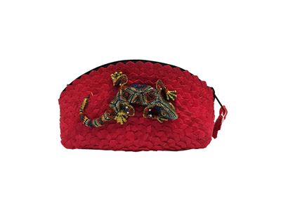 Trousse gioiello in paglia fucsia con applicazione di grande geco multicolore