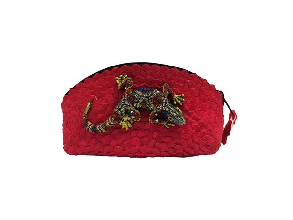 Fuchsia straw jewel cosmetic bag