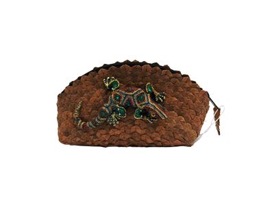 Trousse gioiello in paglia naturale con geco multicolore applicato