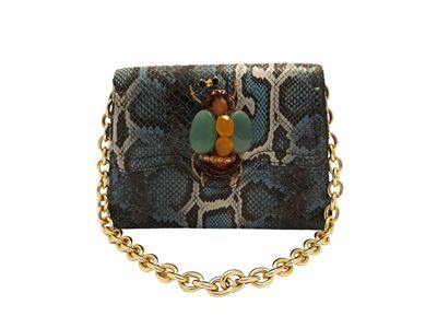 Borsa gioiello in ecopelle effetto pitone, decoro animalier in pietre dure e strass, tracolla a c...