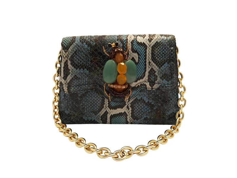 Borsa gioiello in ecopelle effetto pitone, decoro animalier in pietre dure e strass, tracolla a c...