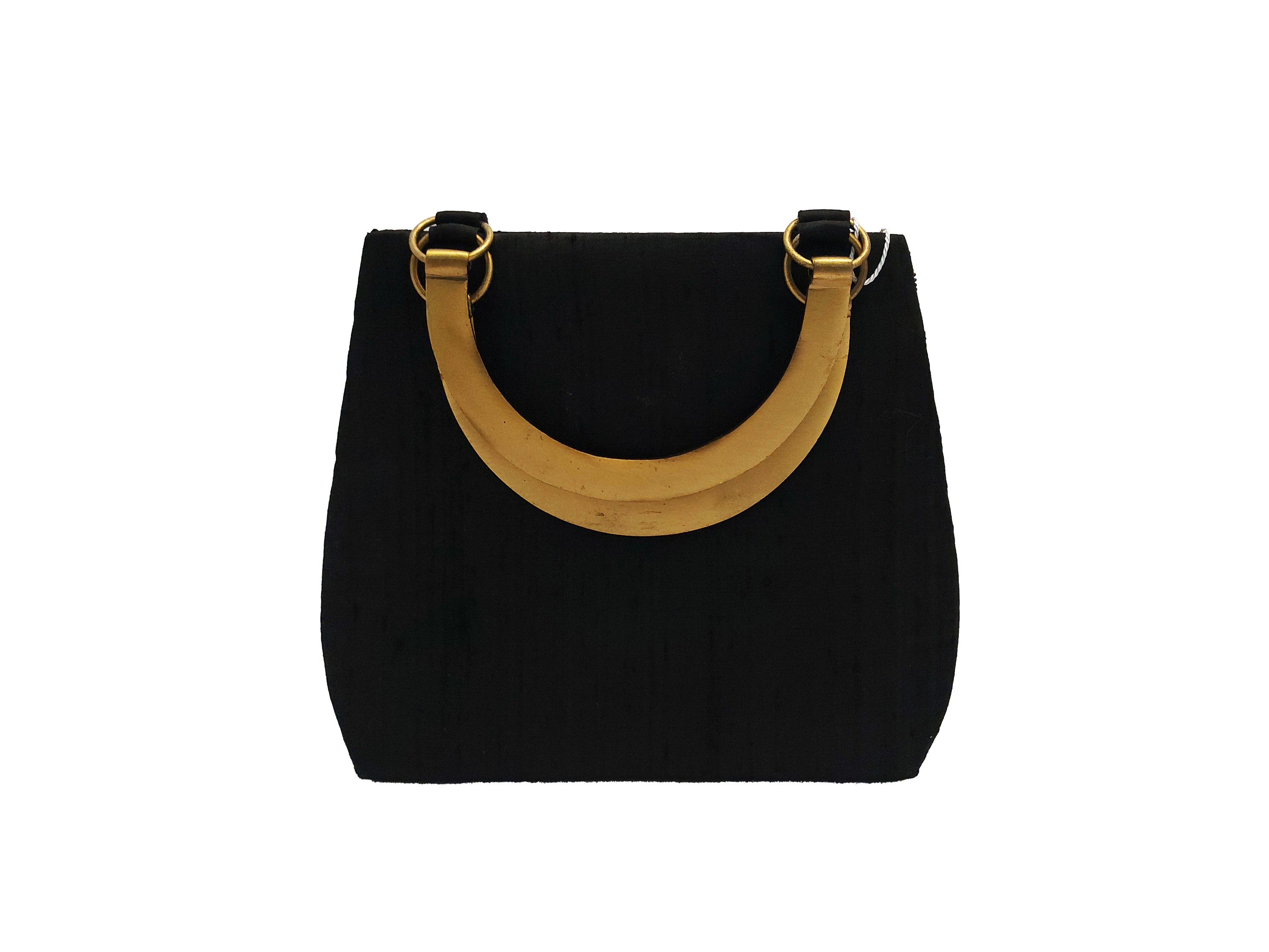 Borsa gioiello in shantung nero, placca frontale in stile Dhokra con decorazione in ottone