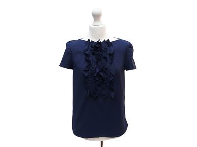 Camicia in cotone blu, maniche corte con jabot e chiusura posteriore a bottoni (taglia 44)