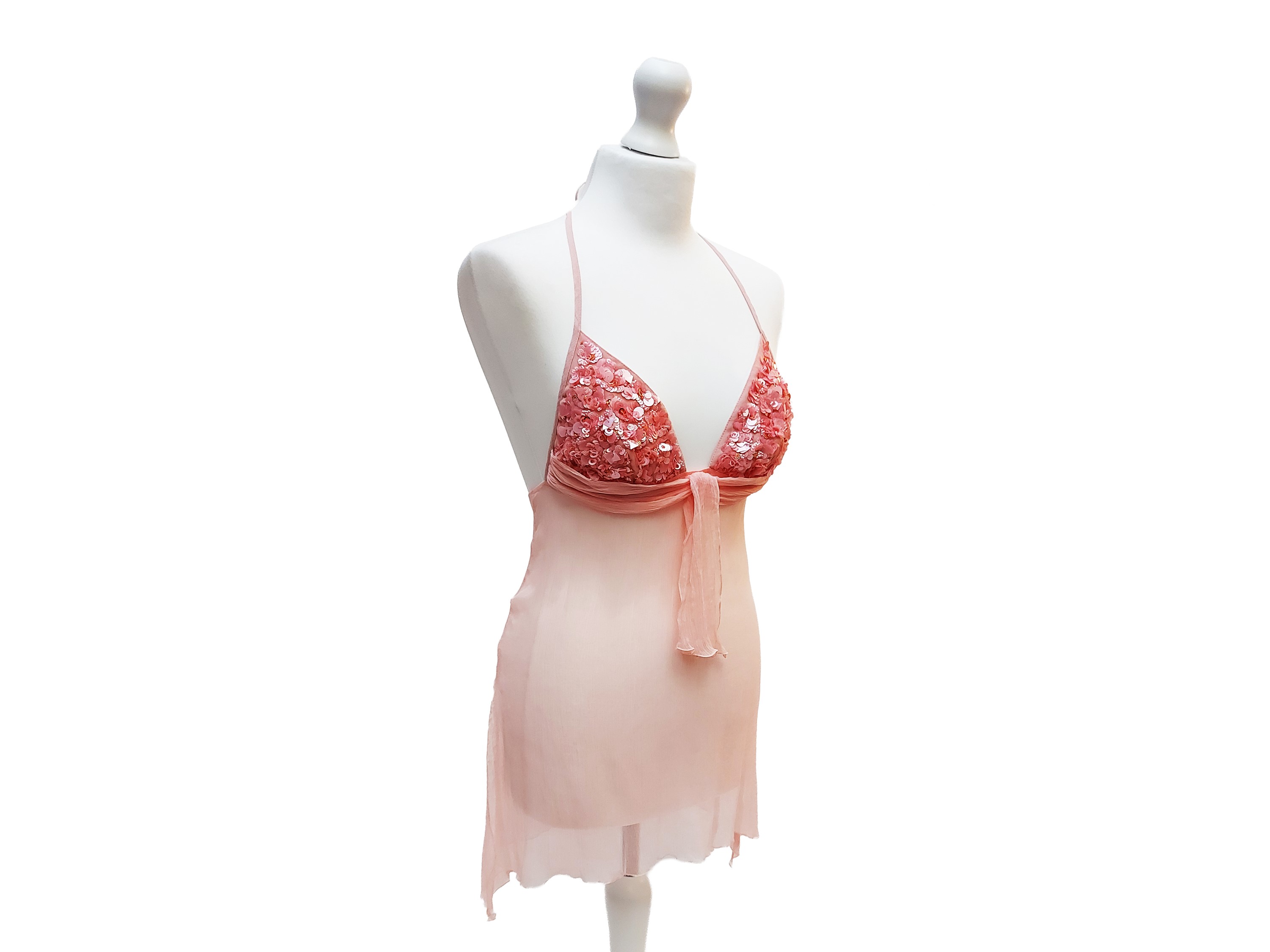 La Perla, Babydoll in chiffon di seta rosa cipria con paillettes e micro perle