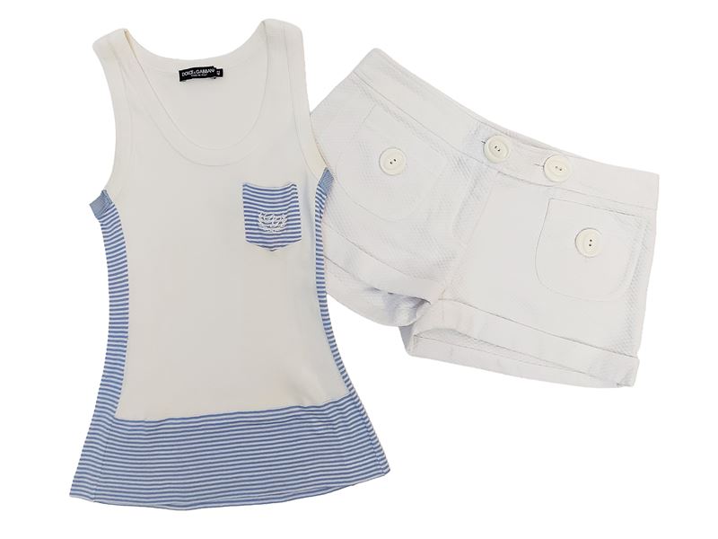 D&G, Shorts in piquet a nido d’ape e canotta in cotone bianco con motivo a righe celesti