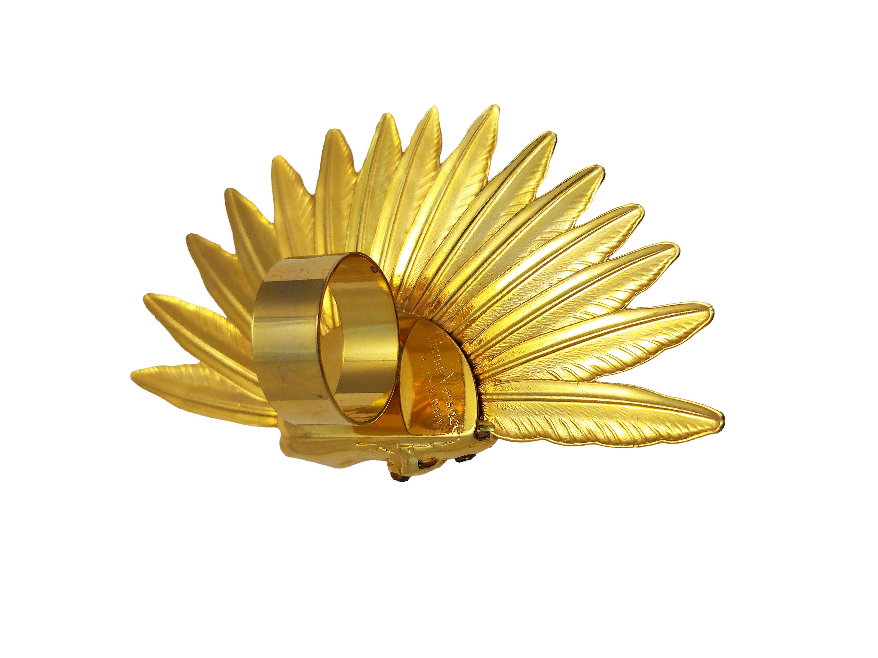 Versace, Grande anello ferma foulard in golden tone con volto tribale e strass neri