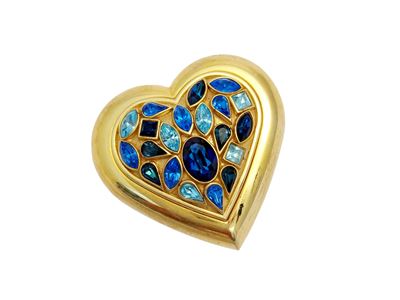 Portacipria a forma di cuore, in metallo golden tone con strass blu e specchio interno